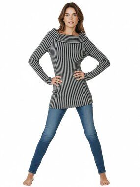 Guess Los Angeles Cowl Neck Striped Long Sleeve Top Black Gray Ribbed Knit
